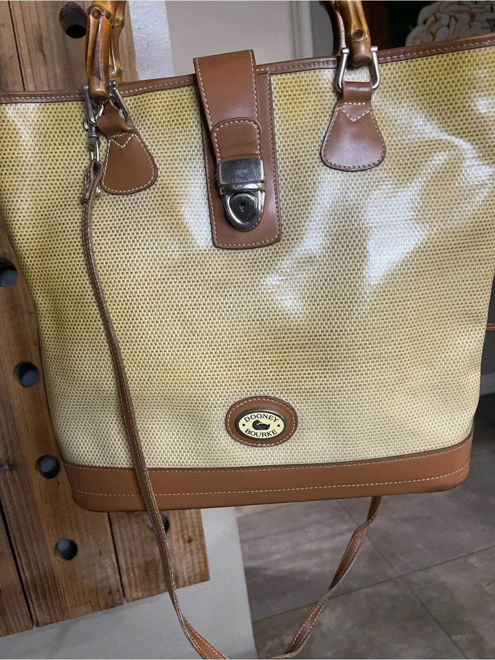 Dooney & Bourke Beige Canvas Tote with Brown Leather & Bamboo Handles